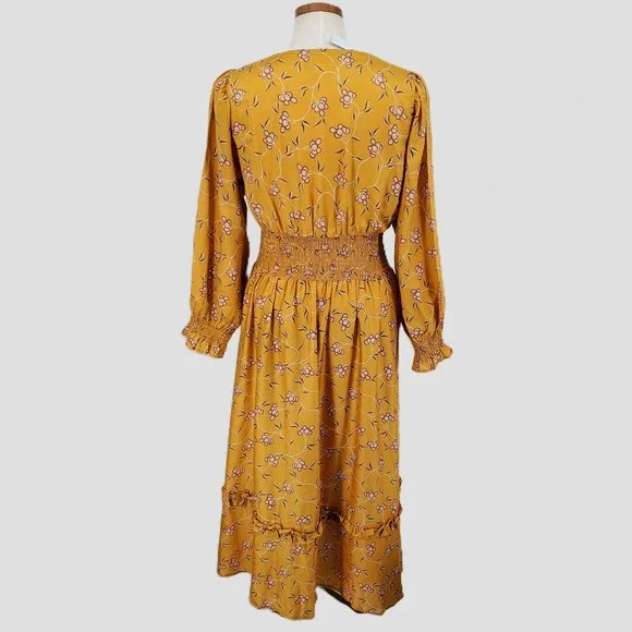 Outerknown‎ Oceana Floral Smocked Waist Midi Dress Yellow Pink Long Sleeve Small - Picture 3 of 10